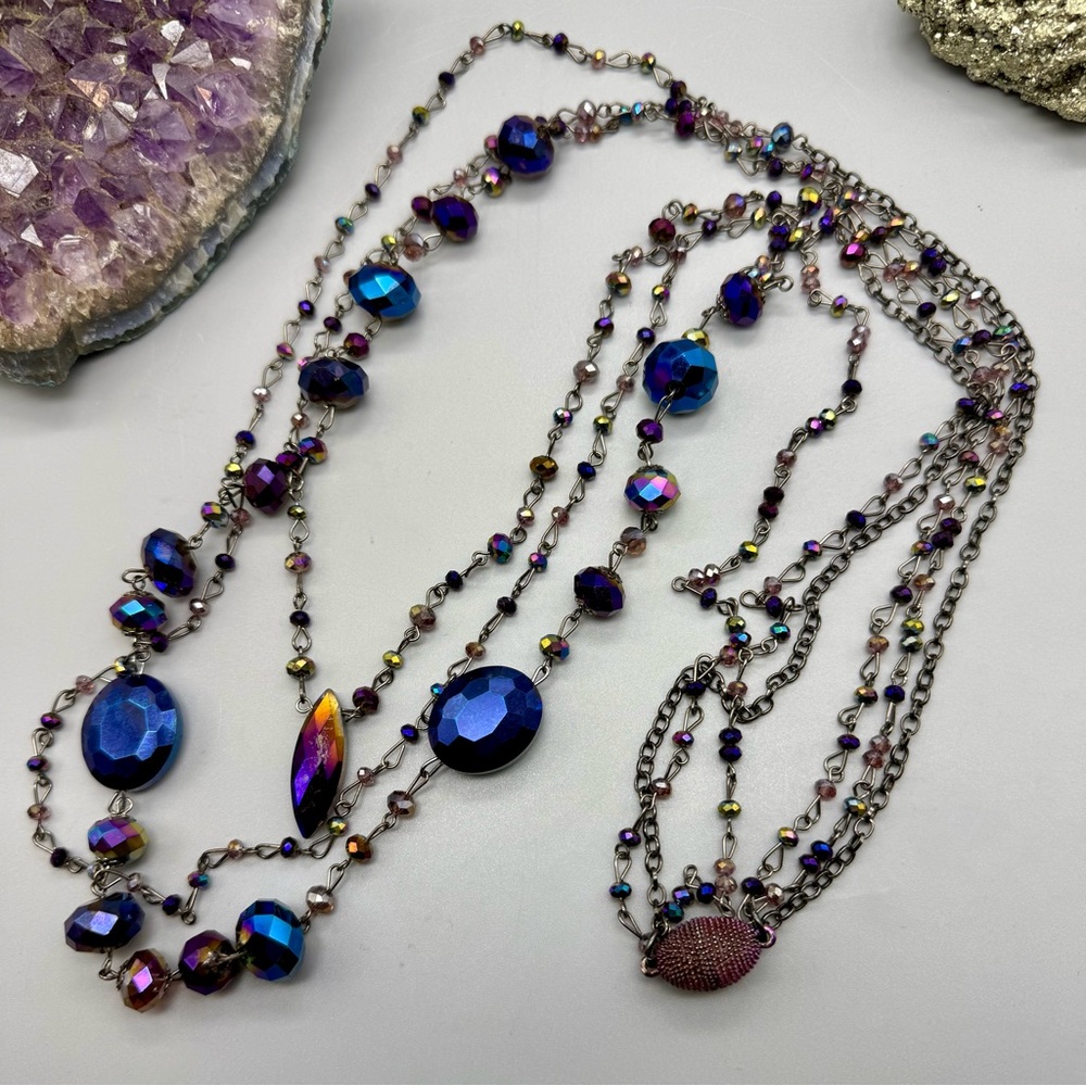 Long Faceted Blue-Purple Glass Beaded Layered Necklace
